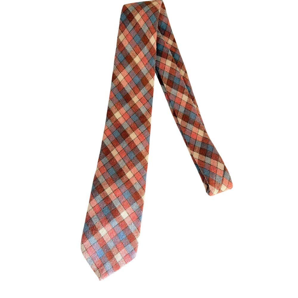 VTG G. Rinaldi Plaid Necktie Brown Blue Orange Polyester Retro 70s 80s Men's Tie